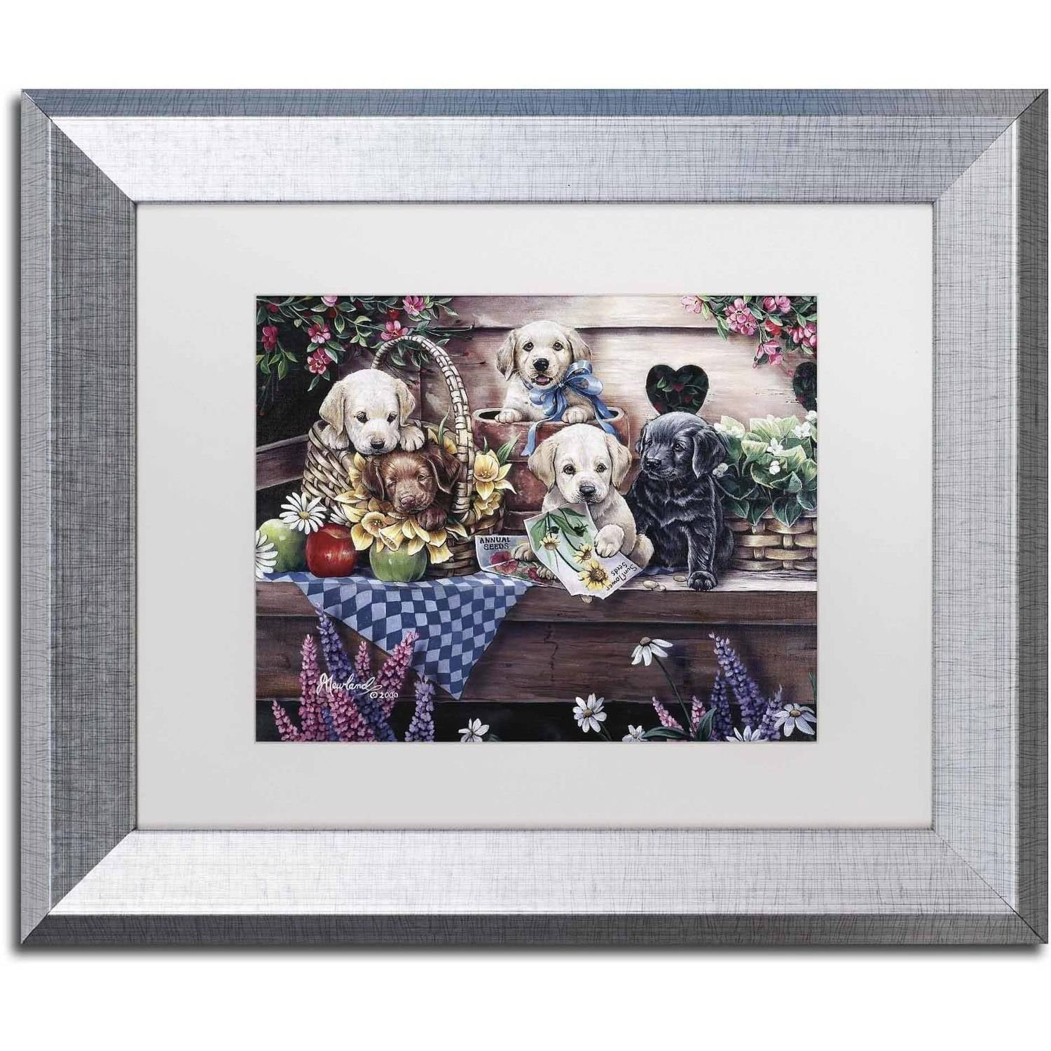 Trademark Fine Art 'Five Puppies' Canvas Art by Jenny Newland, White Matte, Silver Frame