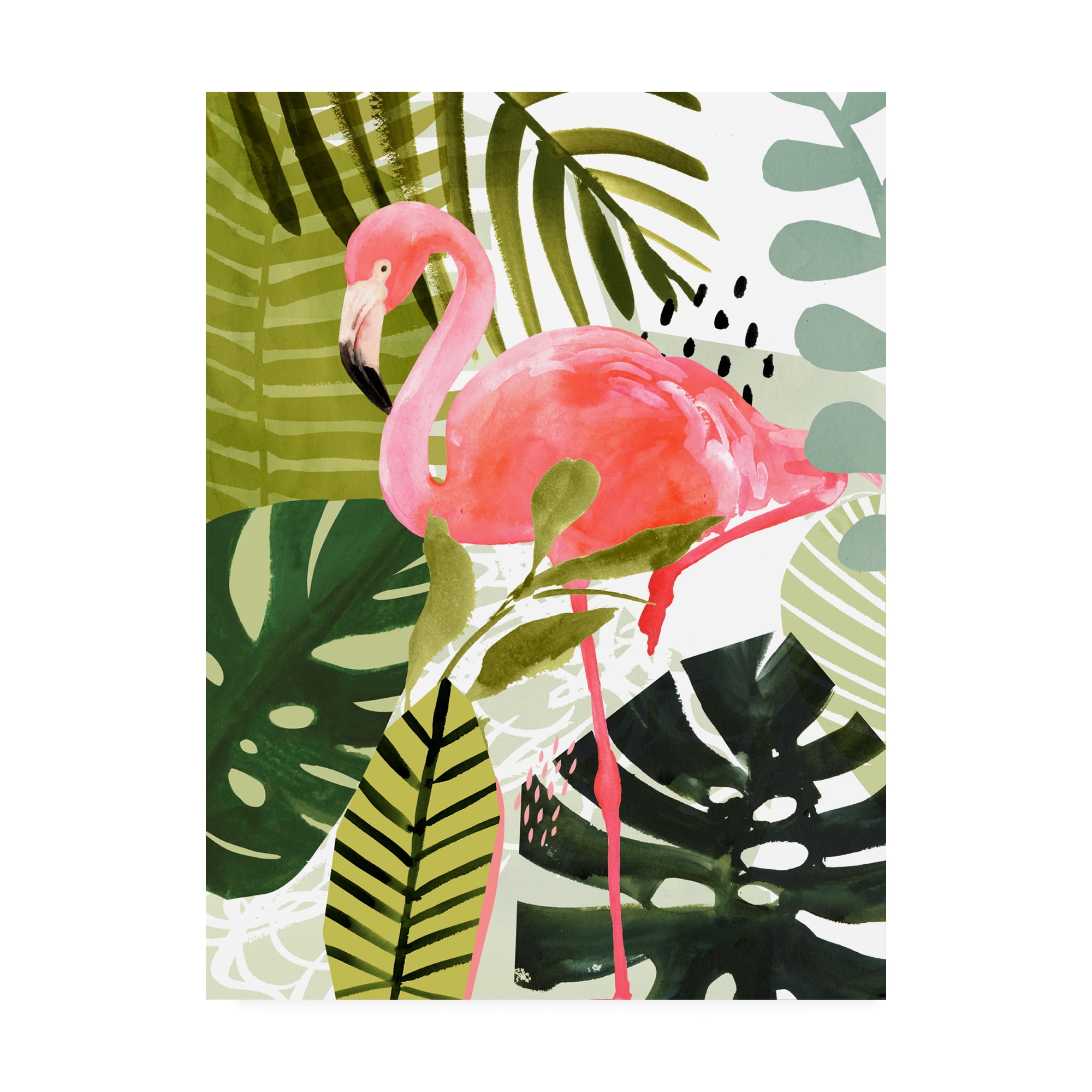 Large Pink Flamingo in Green Forest Canvas Art