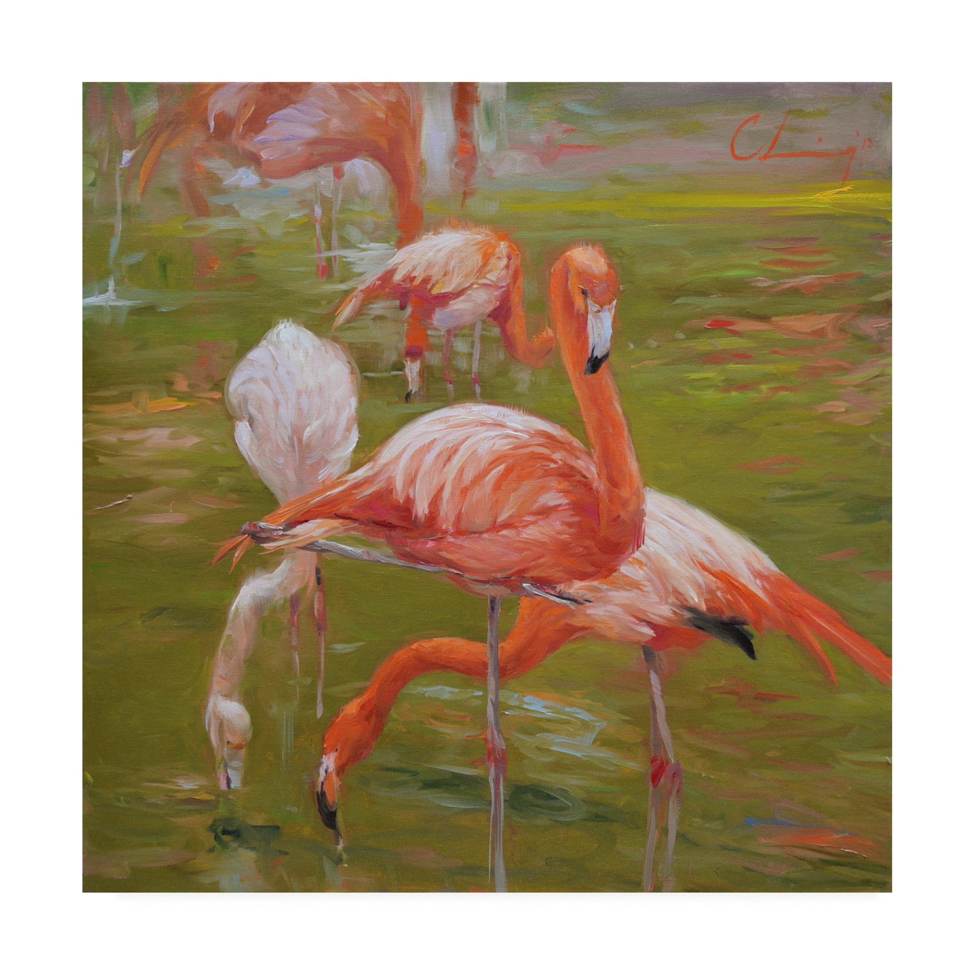 Large Pink Flamingos on Green Landscape Canvas Art