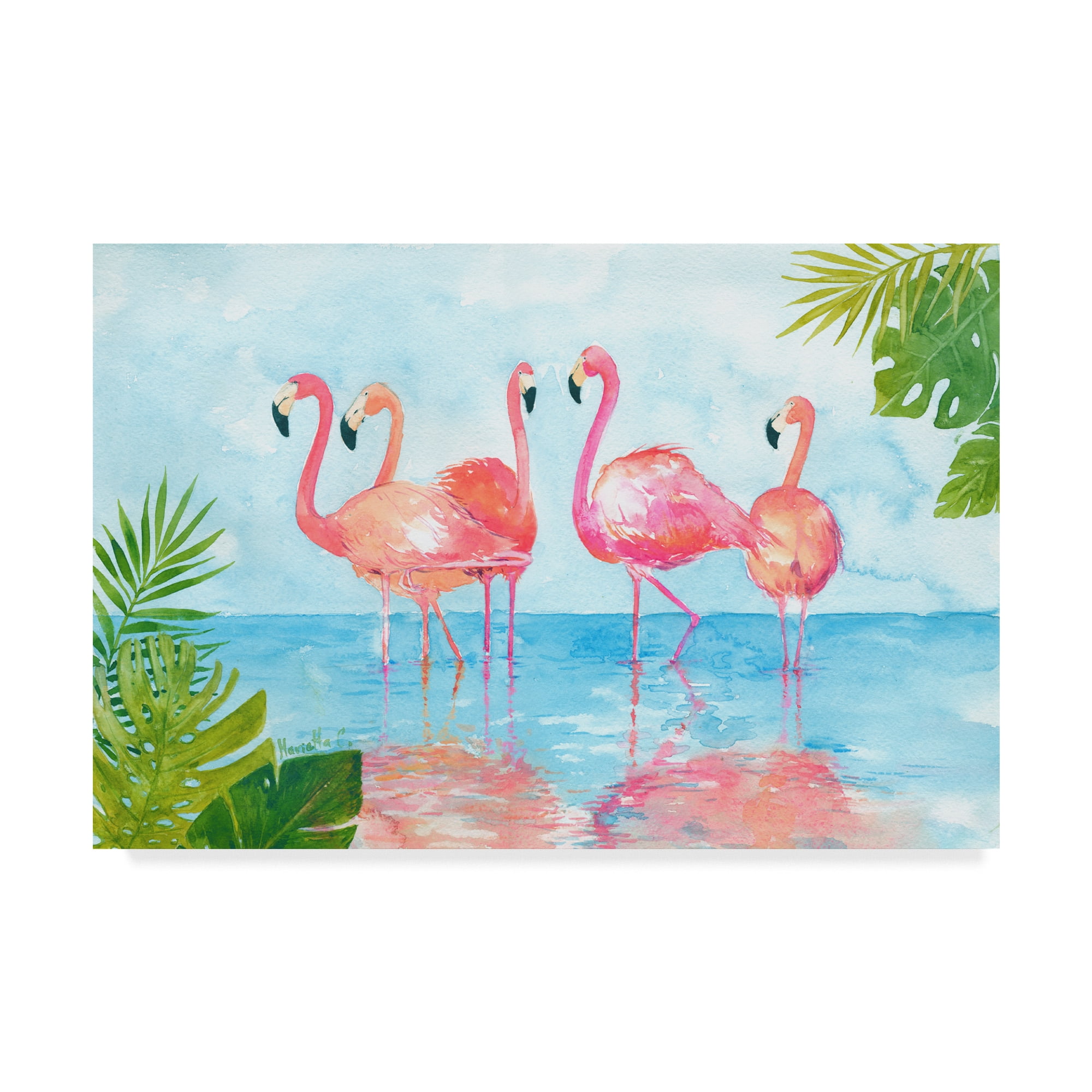 Gallery-Wrapped Pink Flamingos Canvas Art in Light Blue Frame