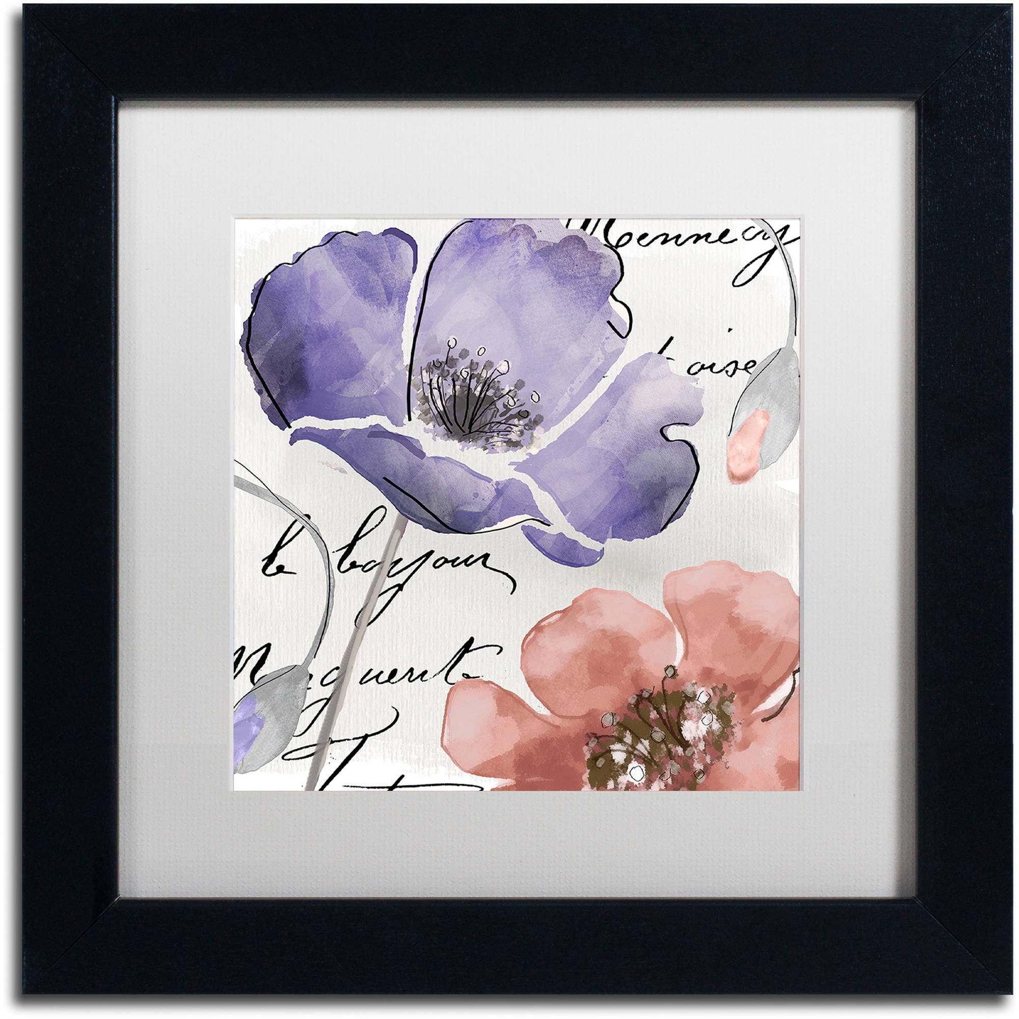 11x11 Black Framed Canvas Art with White Matte and Watercolor Flowers