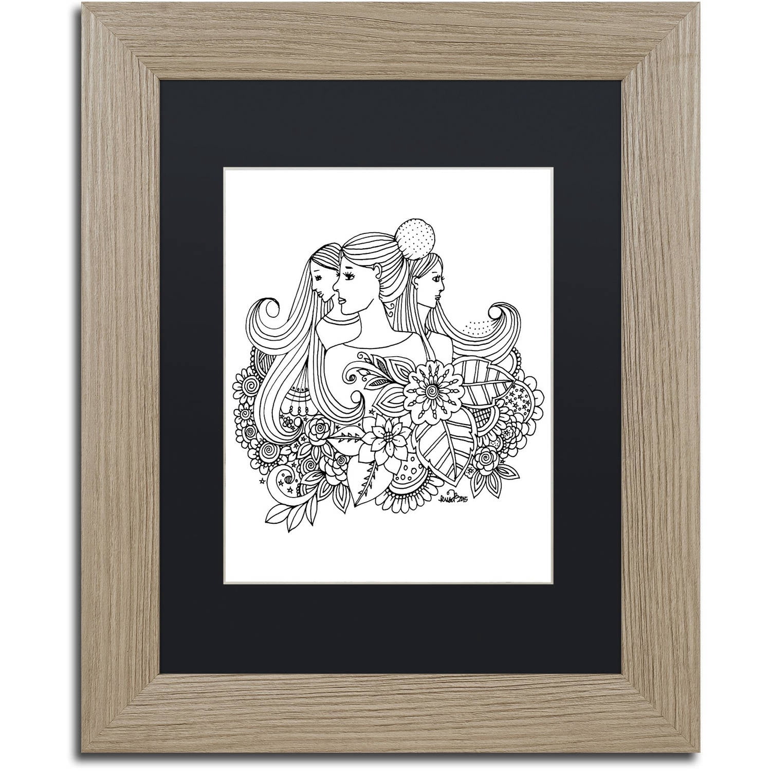Trademark Fine Art "Flower Girls 16" Canvas Art by KCDoodleArt Black Matte, Birch Frame
