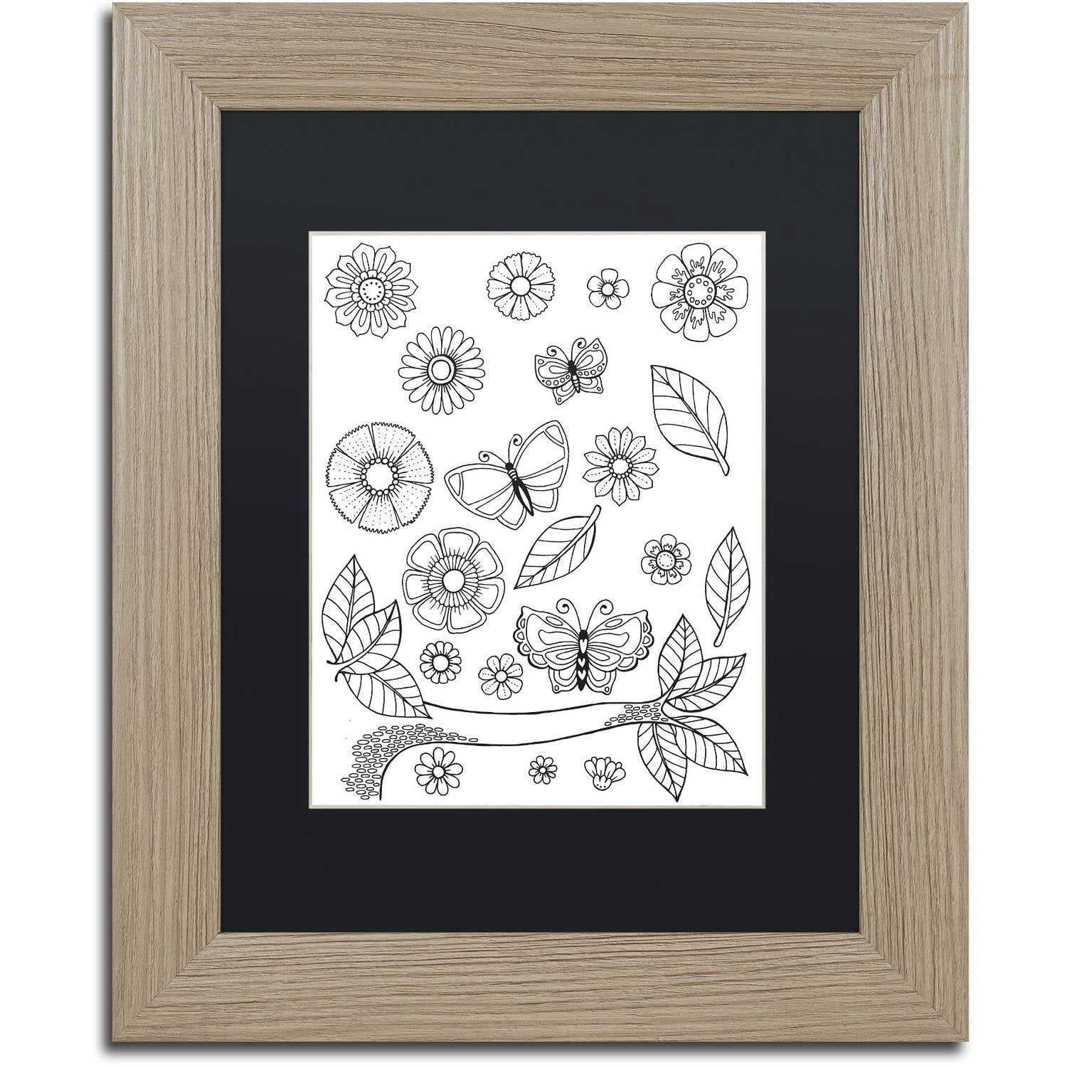 Trademark Fine Art "Flowers Butterflies and Leaves" Canvas Art by Hello Angel, Black Matte, Birch Frame