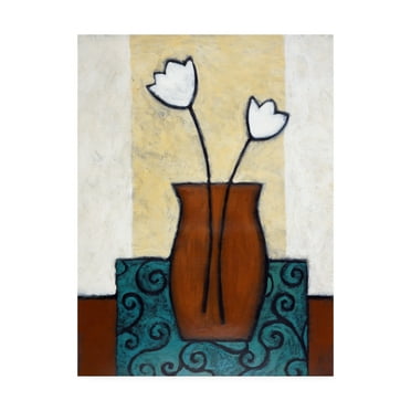 Trademark Fine Art 'Flowers In Brown Vase And Blue Mat' Canvas Art by Pablo Esteban