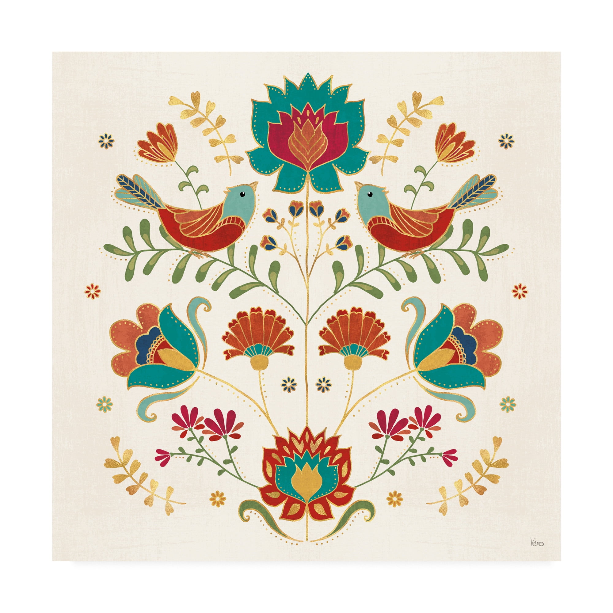 Folk Floral Birds and Flowers Abstract Canvas Art, 14 x 14