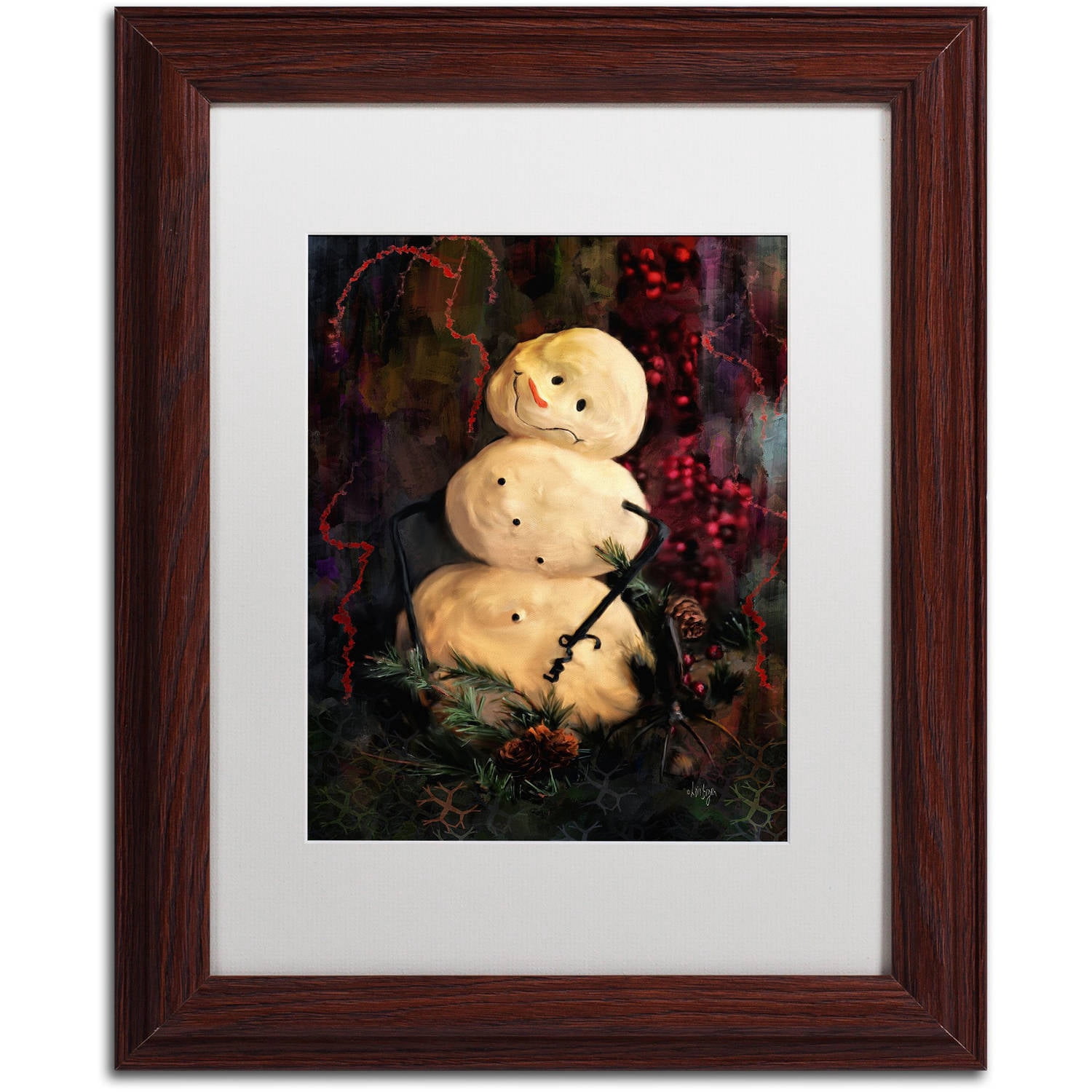 Trademark Fine Art "Forest Snowman" Canvas Art by Lois Bryan White Matte, Wood Frame