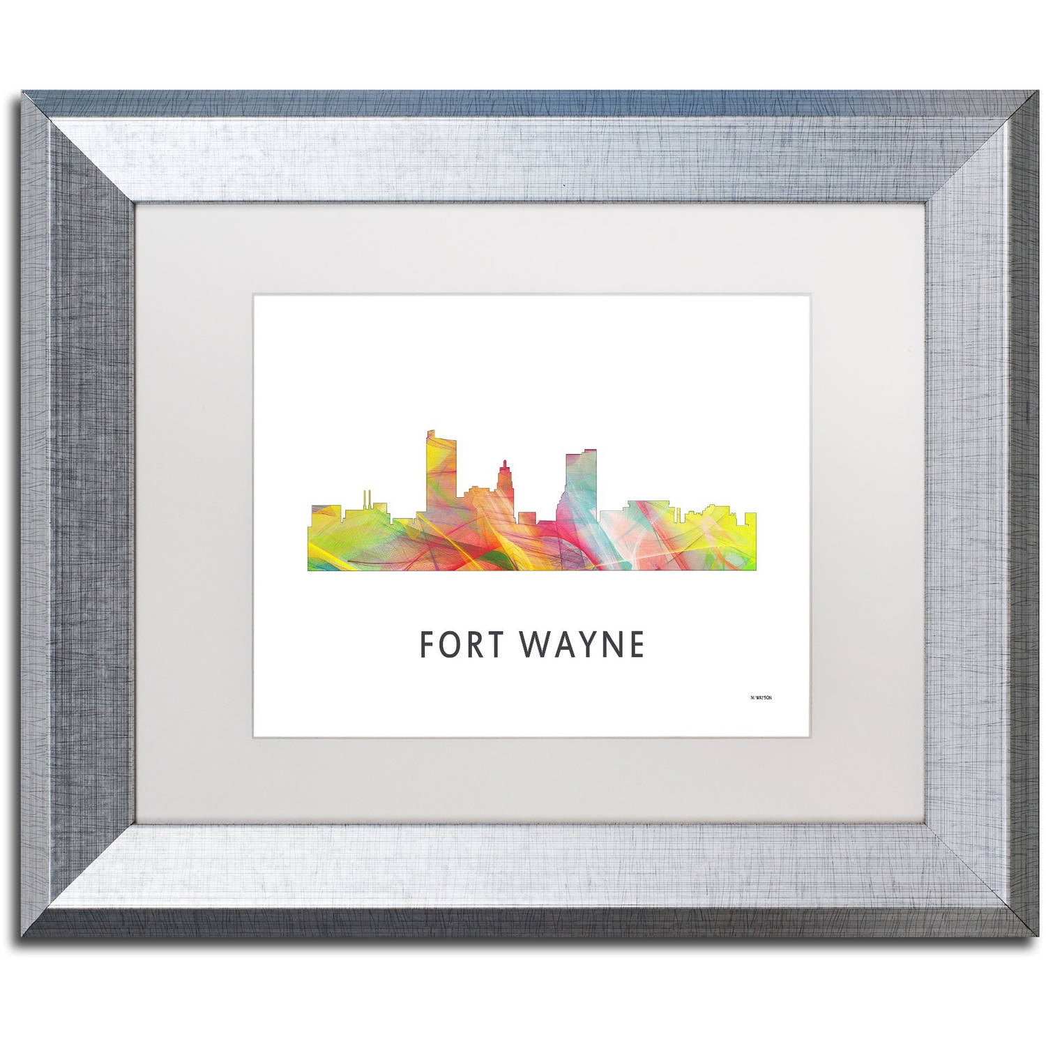 Trademark Fine Art 'Fort Wayne Indiana Skyline WB-1' Canvas Art by Marlene Watson, White Matte, Silver Frame