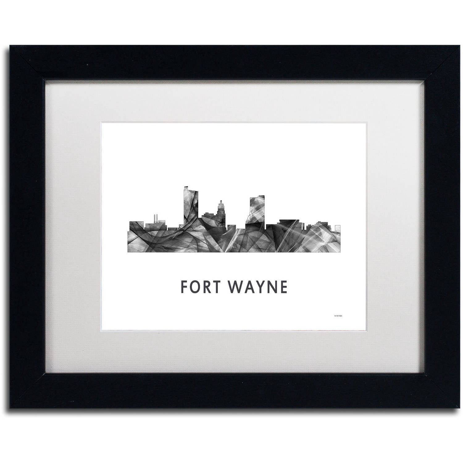 Trademark Fine Art 'Fort Wayne Indiana Skyline WB-BW' Canvas Art by Marlene Watson, White Matte, Black Frame