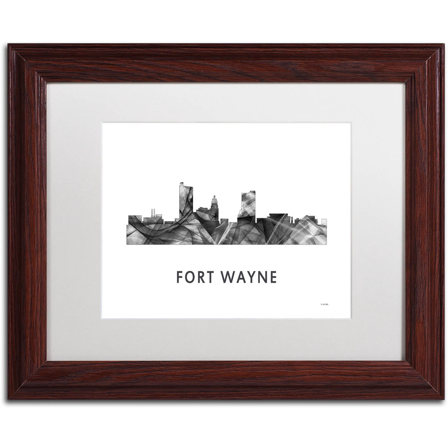 Trademark Fine Art 'Fort Wayne Indiana Skyline WB-BW' Canvas Art by Marlene Watson, White Matte, Wood Frame