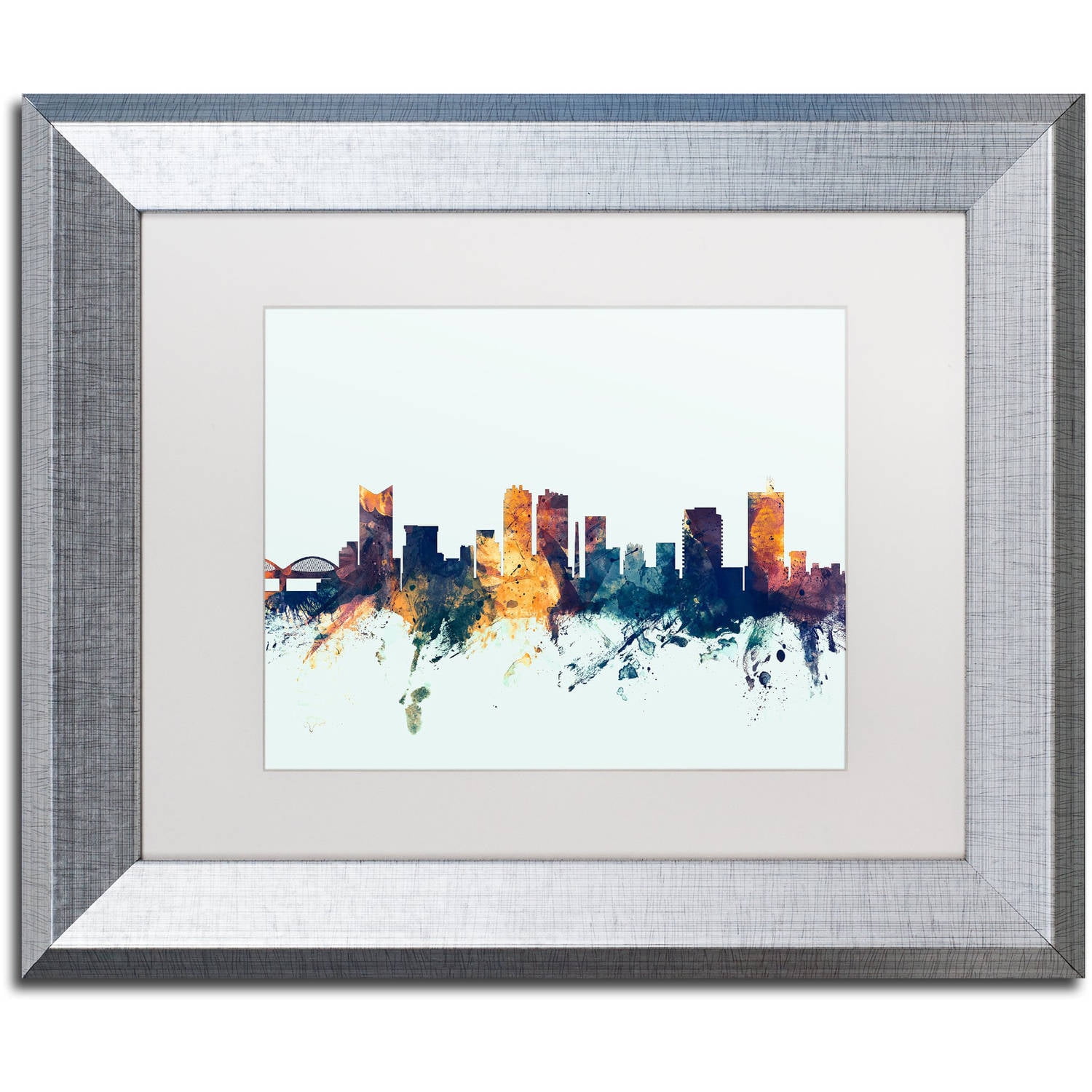 Trademark Fine Art "Fort Worth Texas Skyline Blue" Canvas Art by Michael Tompsett, White Matte, Silver Frame