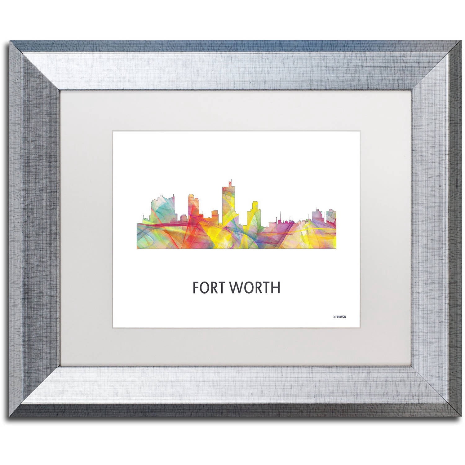 Trademark Fine Art 'Fort Worth Texas Skyline WB-1' Canvas Art by Marlene Watson, White Matte, Silver Frame