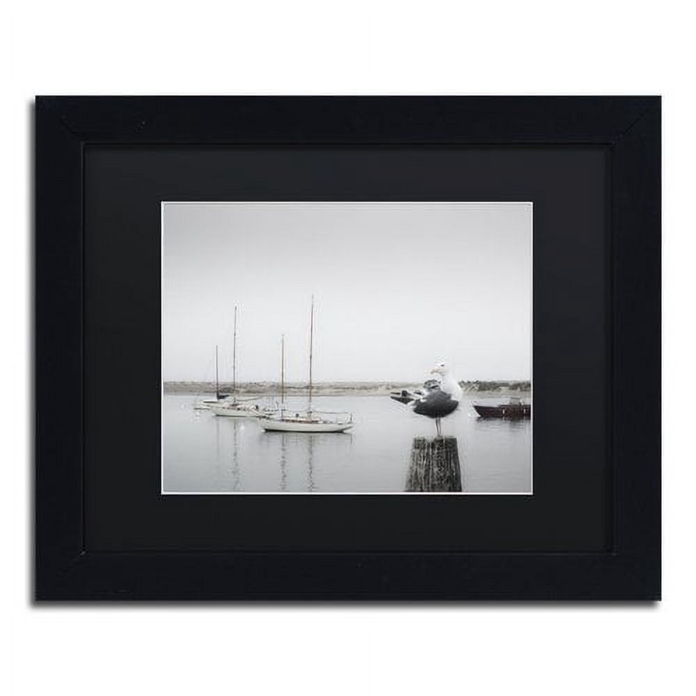 Trademark Fine Art "Four Boats and Seagull" Canvas Art by Moises Levy Black Matte, Black Frame