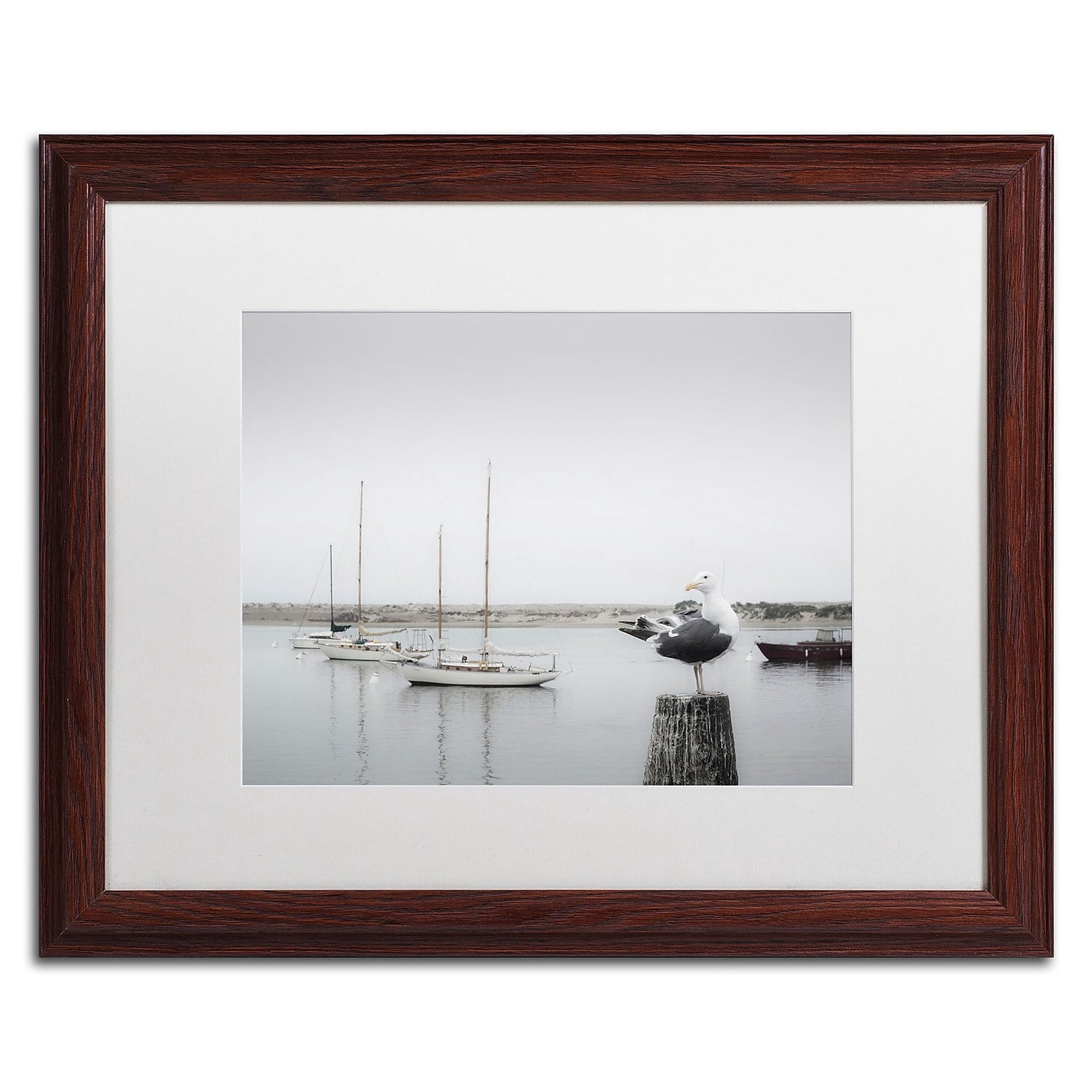 Trademark Fine Art "Four Boats and Seagull" Canvas Art by Moises Levy White Matte, Wood Frame