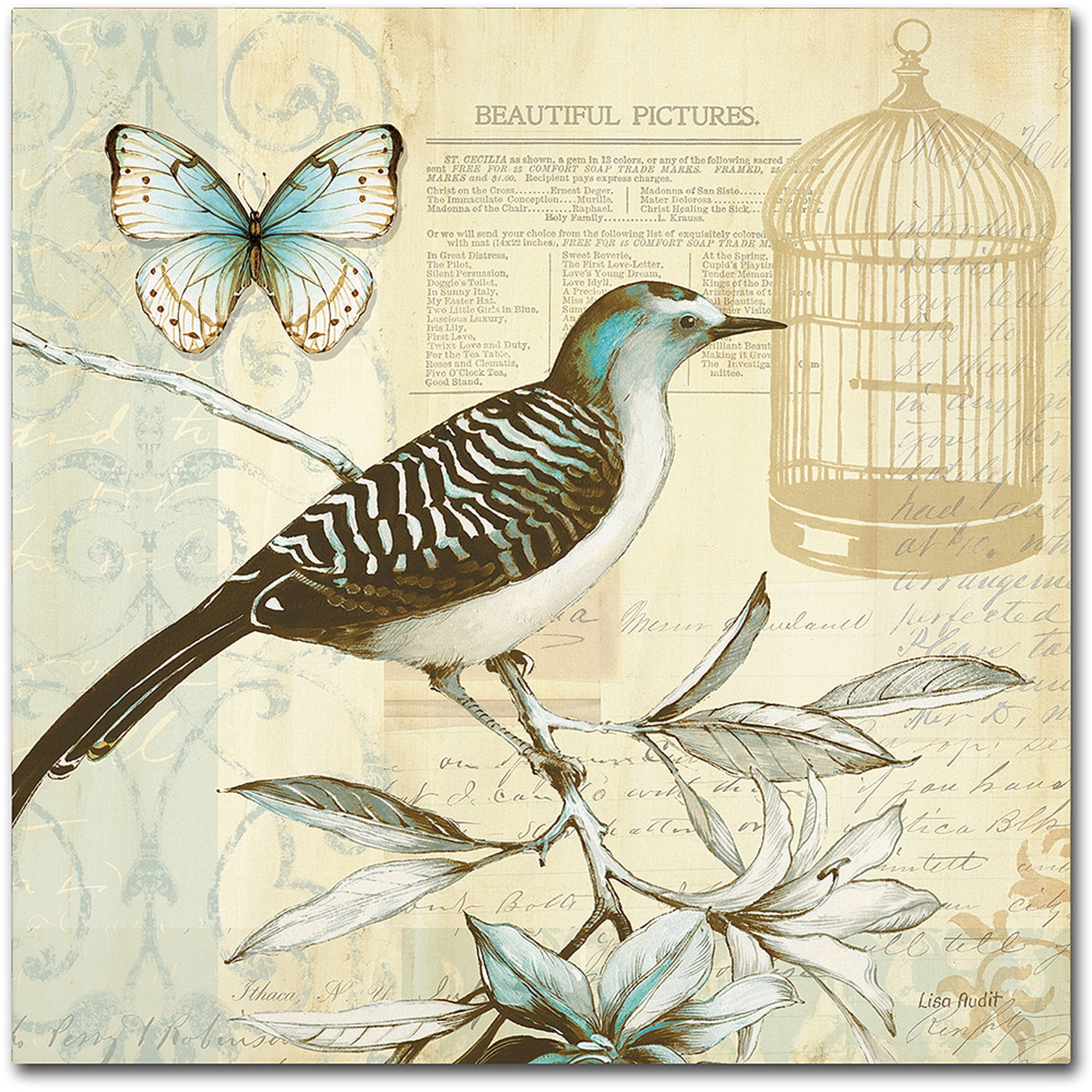 Beige and Blue Bird on Branch Framed Canvas Art, 24" x 24"
