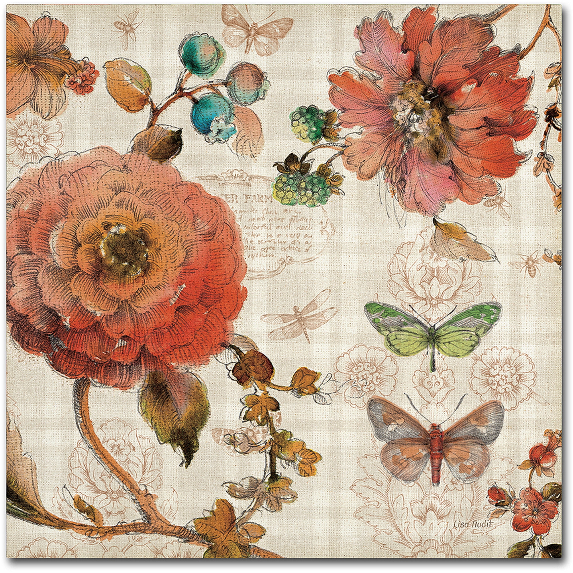 Floral Beige and Red Canvas Art with Butterflies