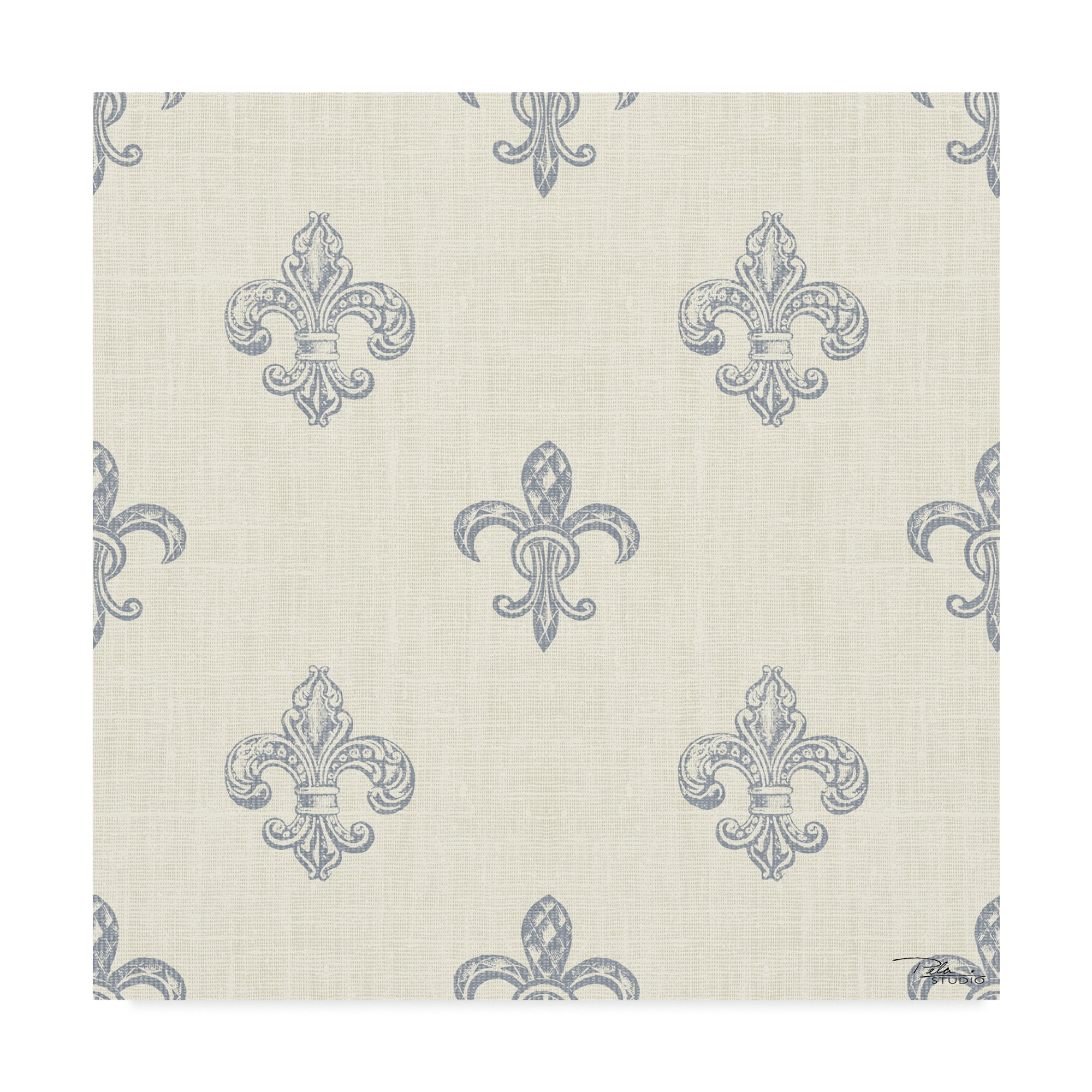 Blue Fleur-de-lis Pattern on Cream Linen Canvas Art, 14 x 14