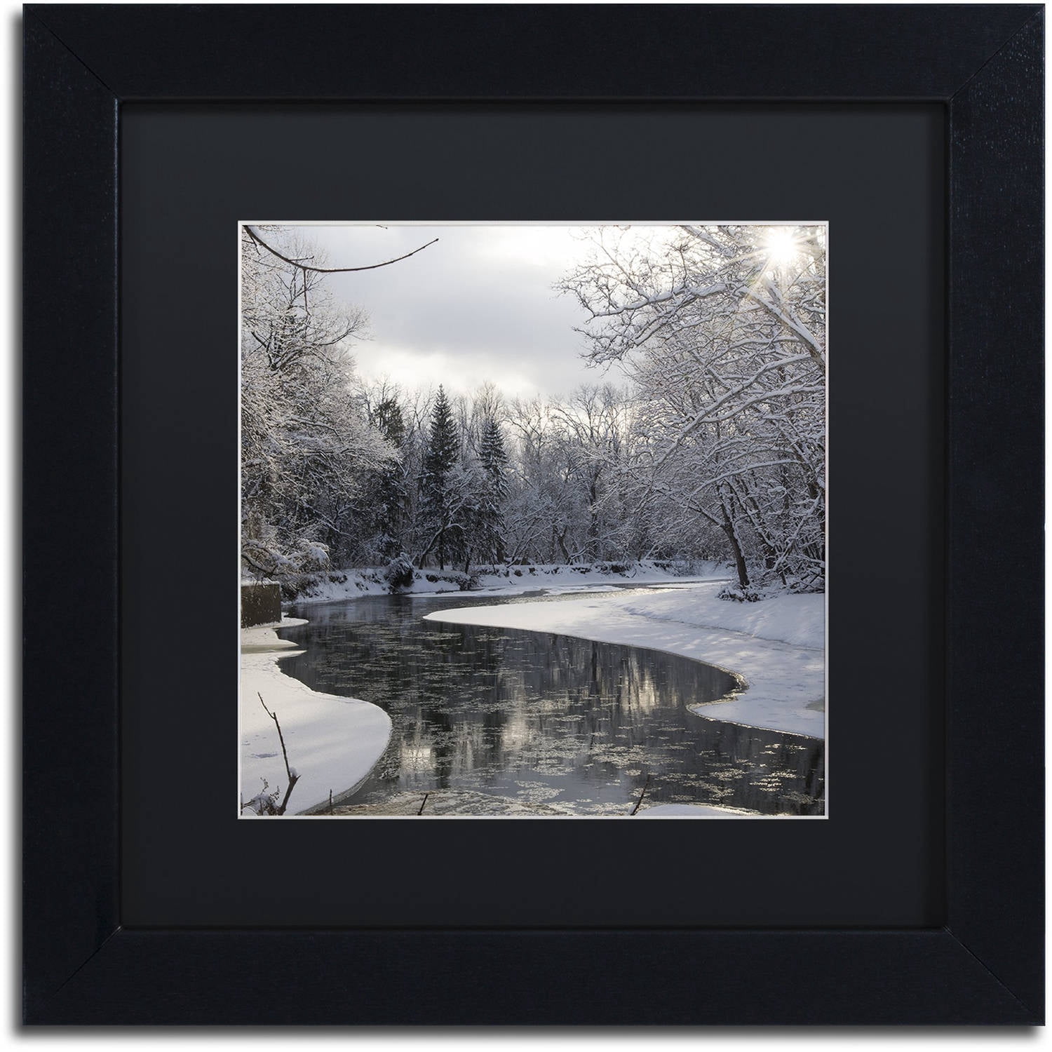 Trademark Fine Art "Fresh Snowfall on the River" Canvas Art by Kurt Shaffer Black Mat, Black Frame
