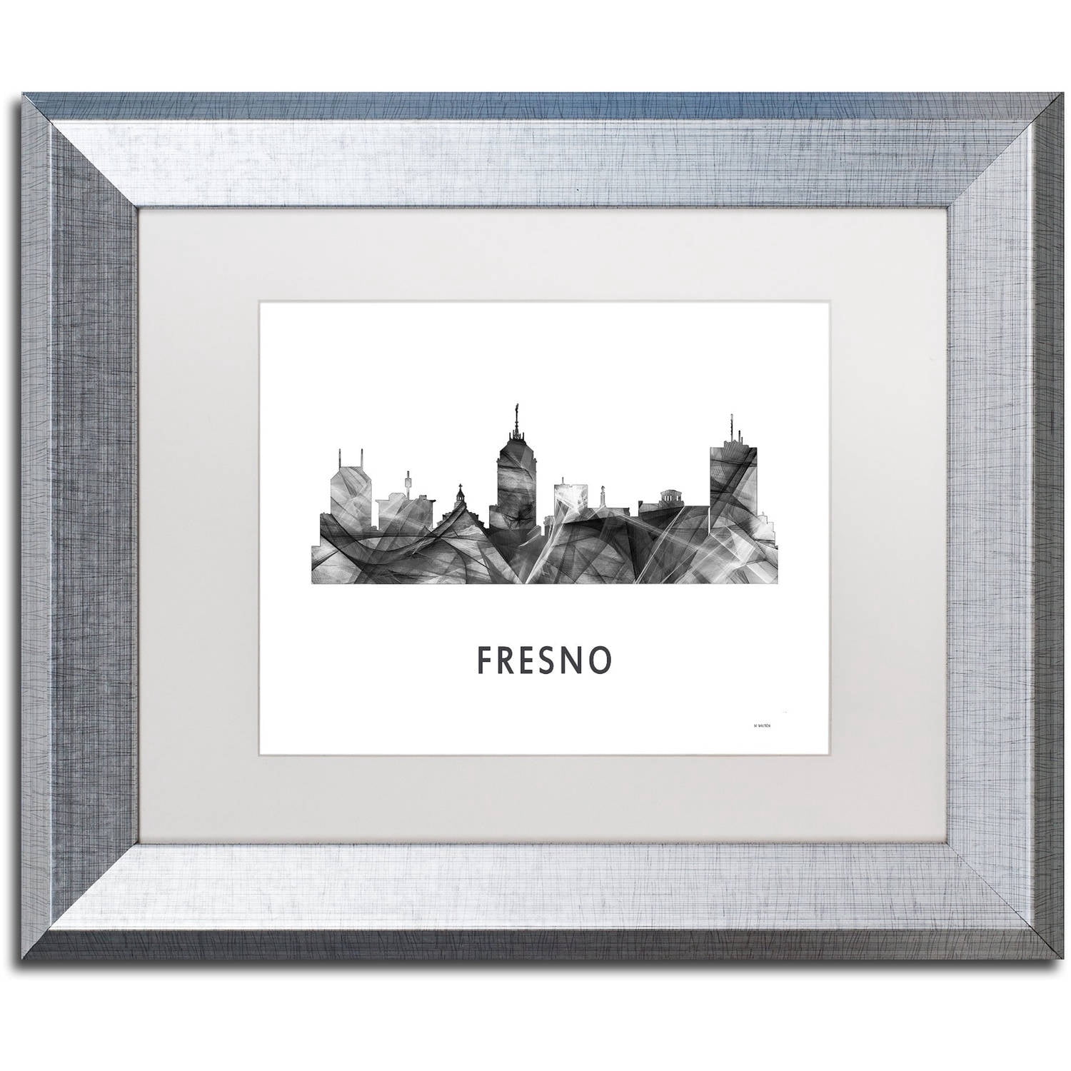 Trademark Fine Art 'Fresno California Skyline WB-BW' Canvas Art by Marlene Watson, White Matte, Silver Frame