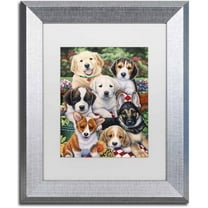 Trademark Fine Art 'Garden Puppies' Canvas Art by Jenny Newland, White Matte, Silver Frame