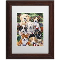 Trademark Fine Art 'Garden Puppies' Canvas Art by Jenny Newland, White Matte, Wood Frame
