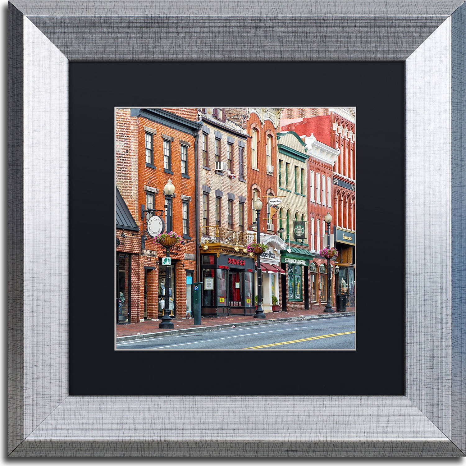 Trademark Fine Art "Georgetown Shops DC 2" Canvas Art by CATeyes, Black Matte, Silver Frame