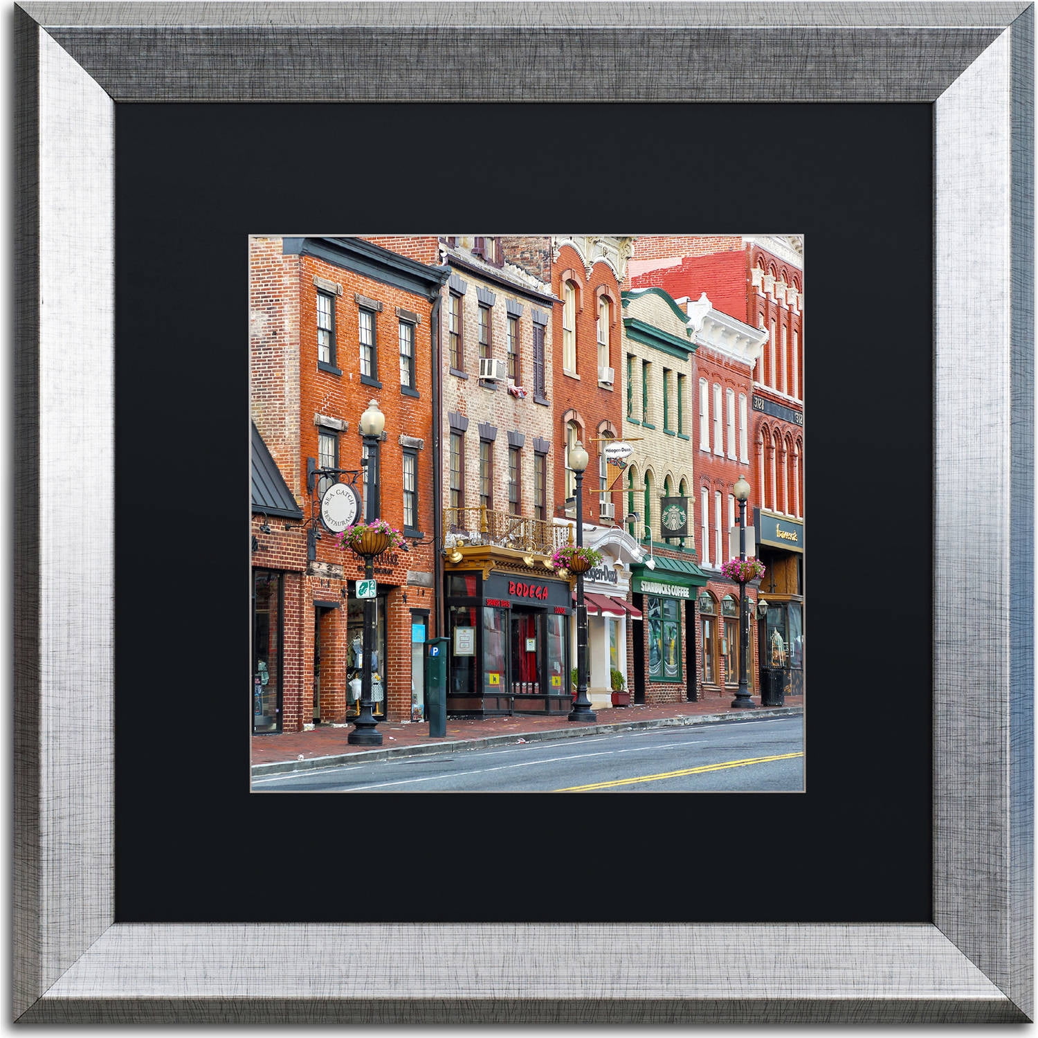Trademark Fine Art "Georgetown Shops DC 2" Canvas Art by CATeyes, Black Matte, Silver Frame