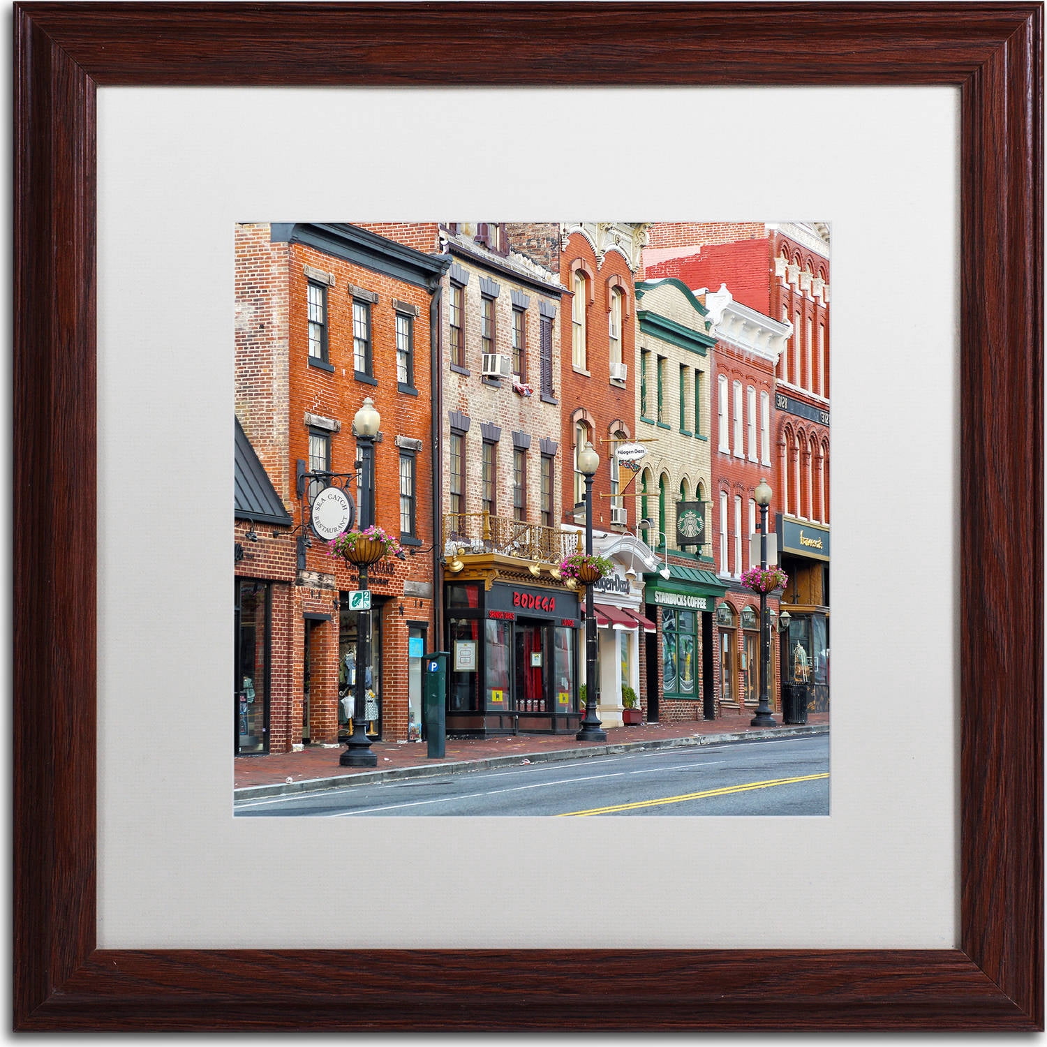 Trademark Fine Art "Georgetown Shops DC 2" Canvas Art by CATeyes, White Matte, Wood Frame