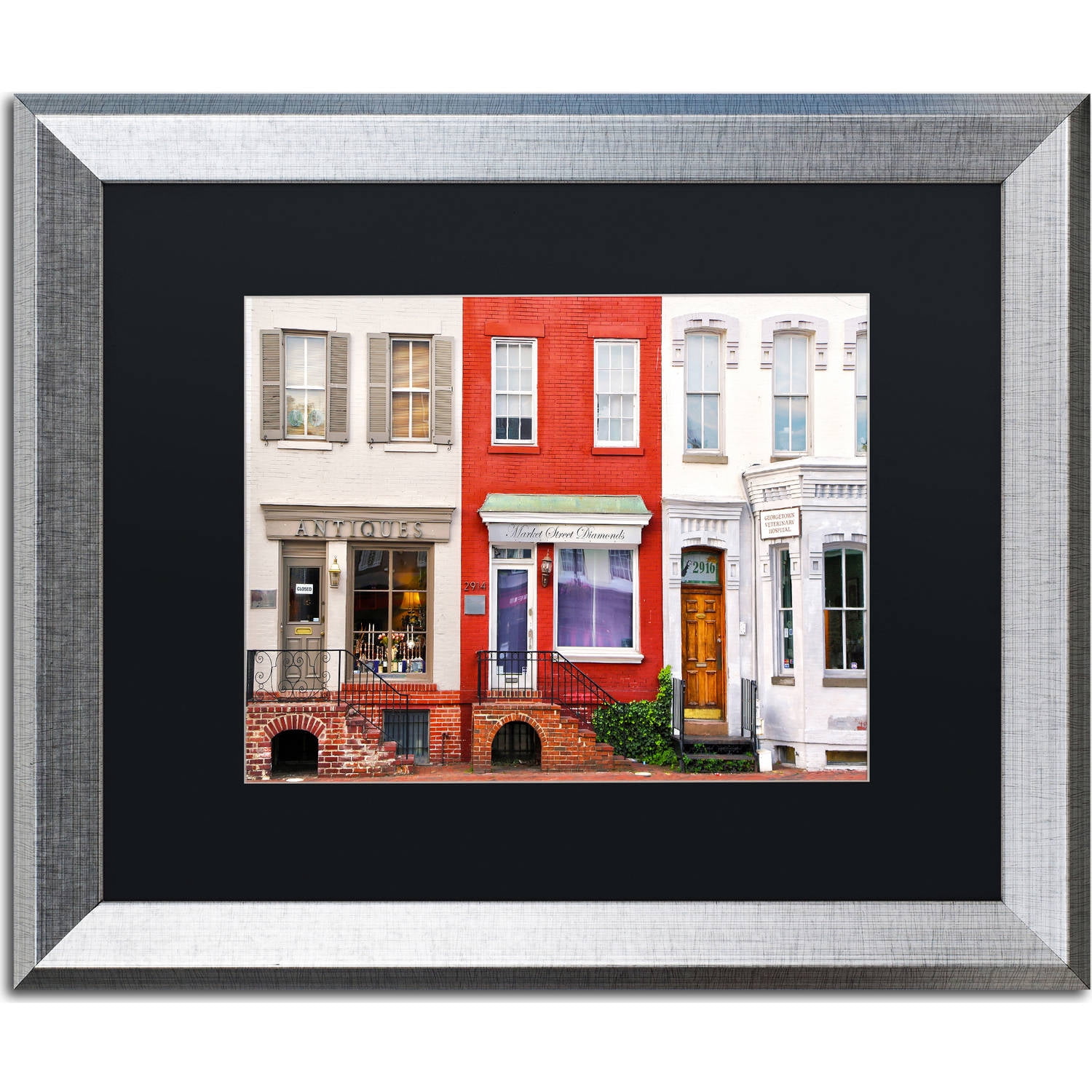 Trademark Fine Art "Georgetown Shops DC" Canvas Art by CATeyes, Black Matte, Silver Frame