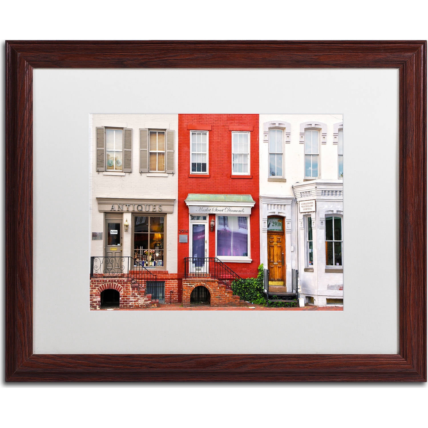 Trademark Fine Art "Georgetown Shops DC" Canvas Art by CATeyes, White Matte, Wood Frame