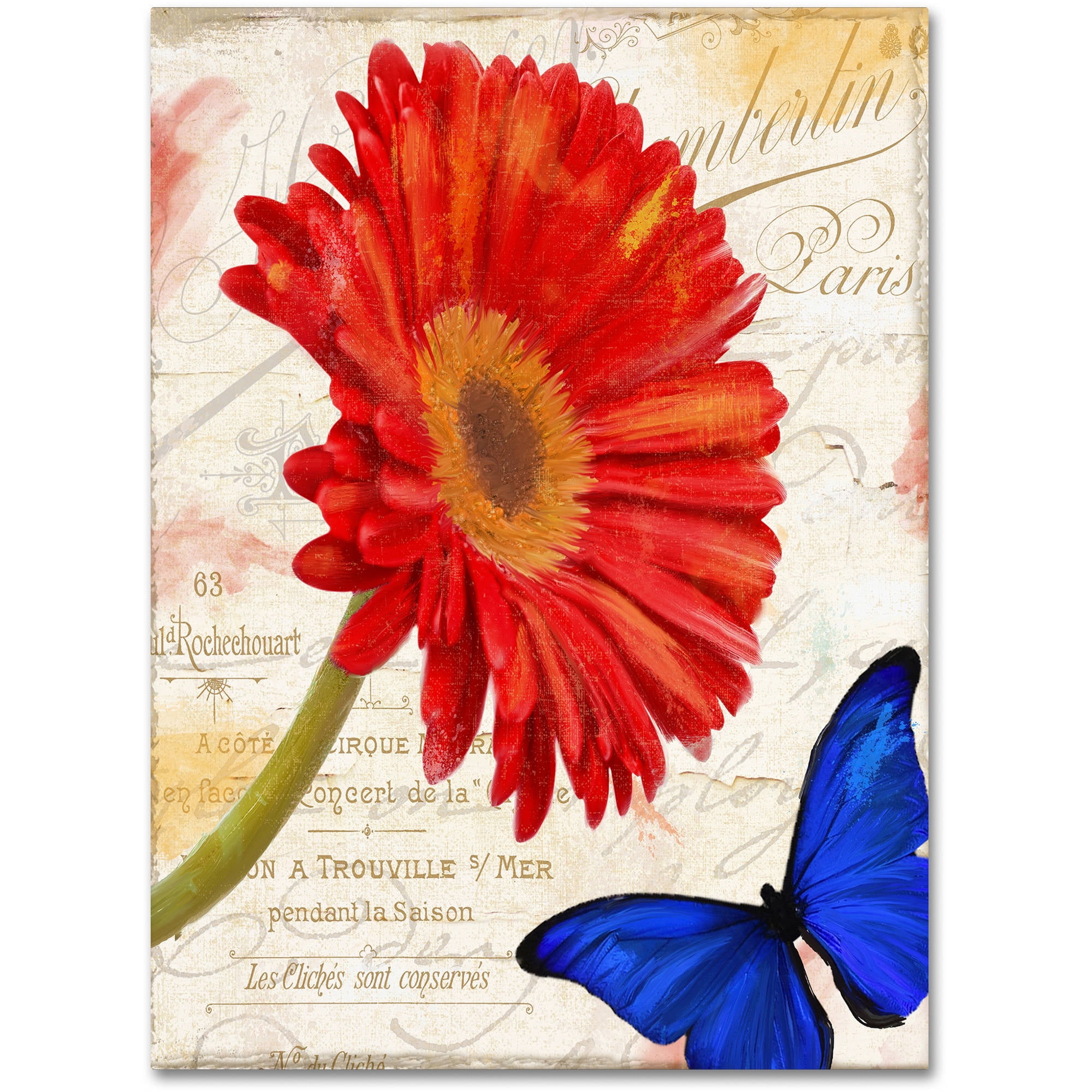 Framed 24x32-Inch Red Gerbera Daisy and Blue Butterfly Canvas Art
