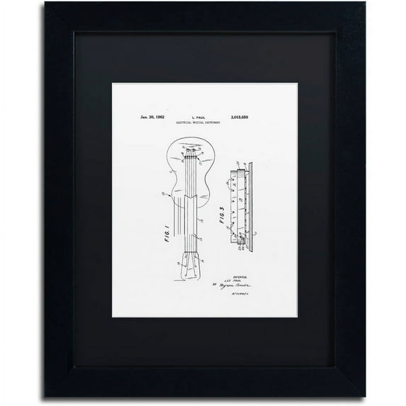 Trademark Fine Art "Gibson Electric Guitar Patent White" Canvas Art by Claire Doherty, Black Matte, Black Frame