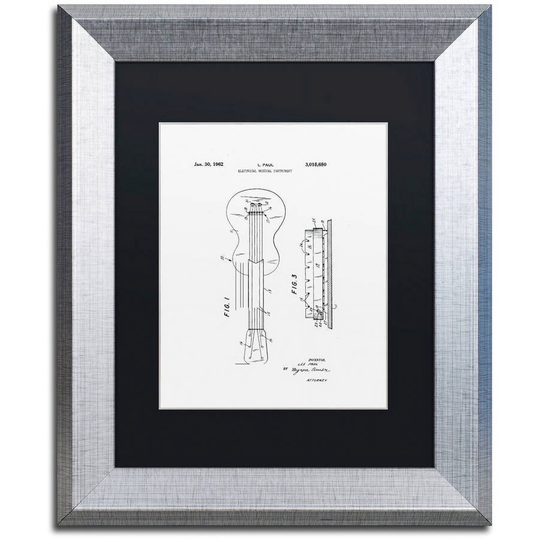 Trademark Fine Art "Gibson Electric Guitar Patent White" Canvas Art by Claire Doherty, Black Matte, Silver Frame