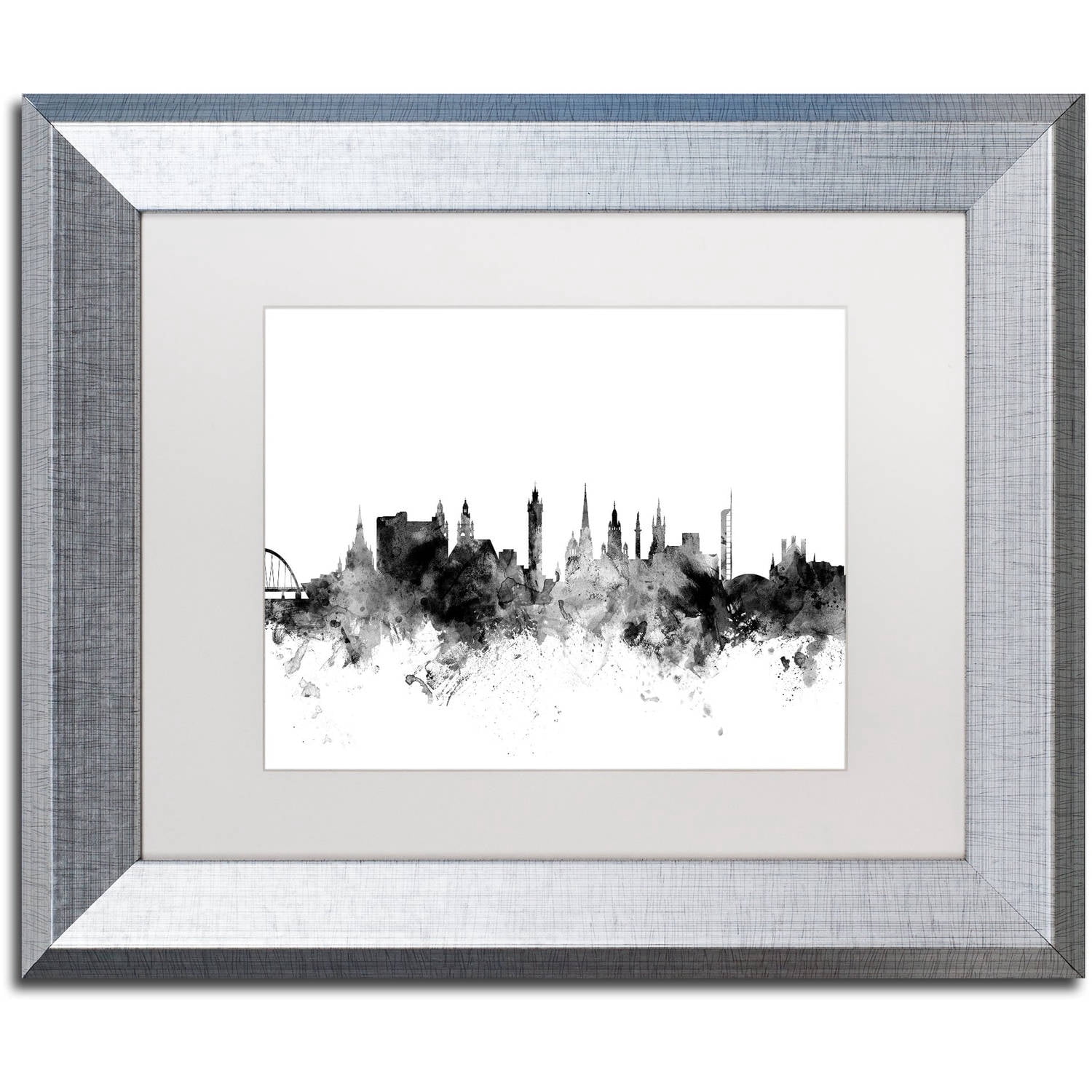 Trademark Fine Art "Glasgow Scotland Skyline B&W" Canvas Art by Michael Tompsett, White Matte, Silver Frame