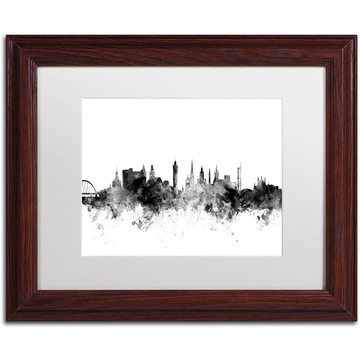 Trademark Fine Art "Glasgow Scotland Skyline B&W" Canvas Art by Michael Tompsett, White Matte, Wood Frame