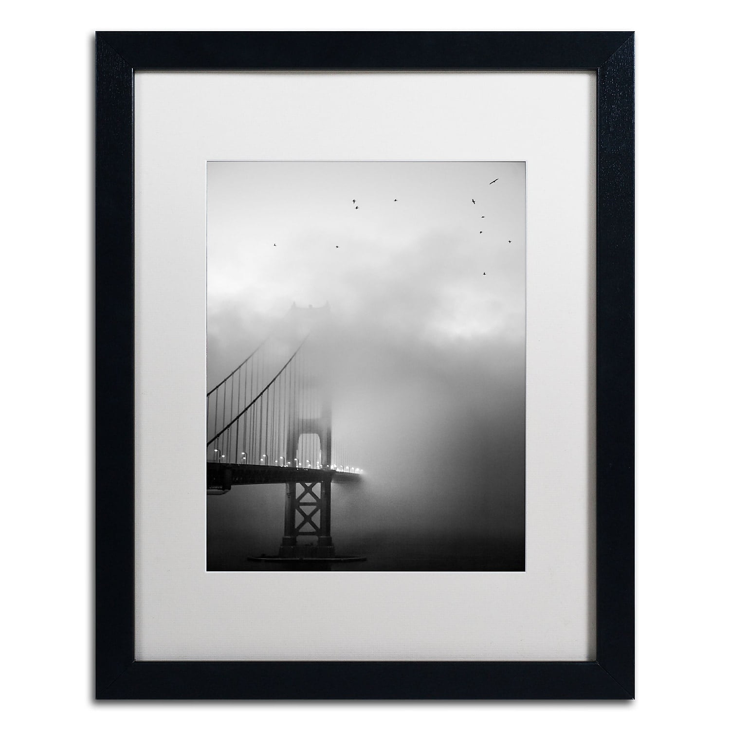 Trademark Fine Art "Golden Gate and Birds" Canvas Art by Moises Levy White Matte, Black Frame