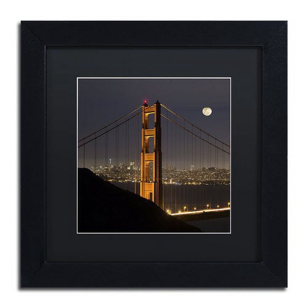 Trademark Fine Art "Golden Gate and Moon" Canvas Art by Moises Levy Black Matte, Black Frame