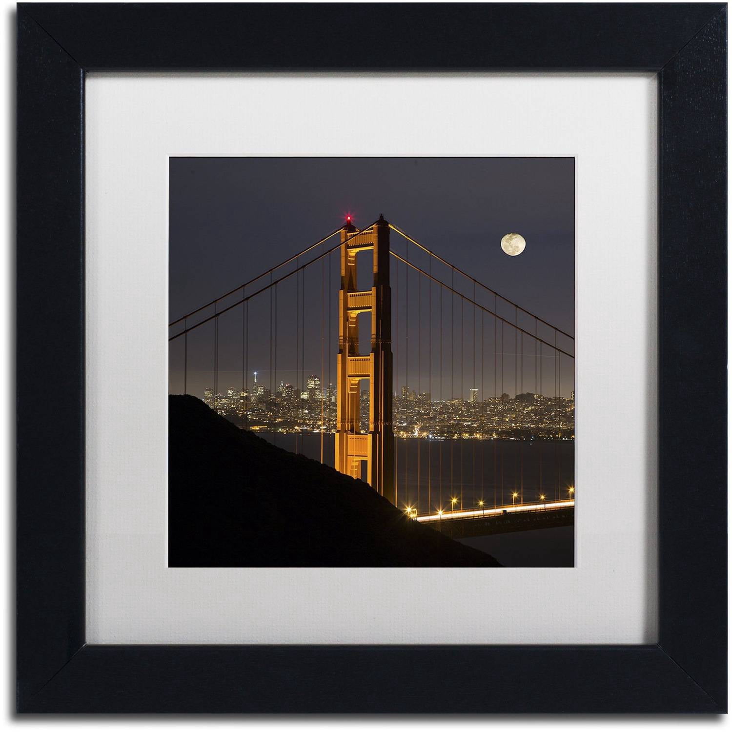 Trademark Fine Art "Golden Gate and Moon" Canvas Art by Moises Levy White Matte, Black Frame