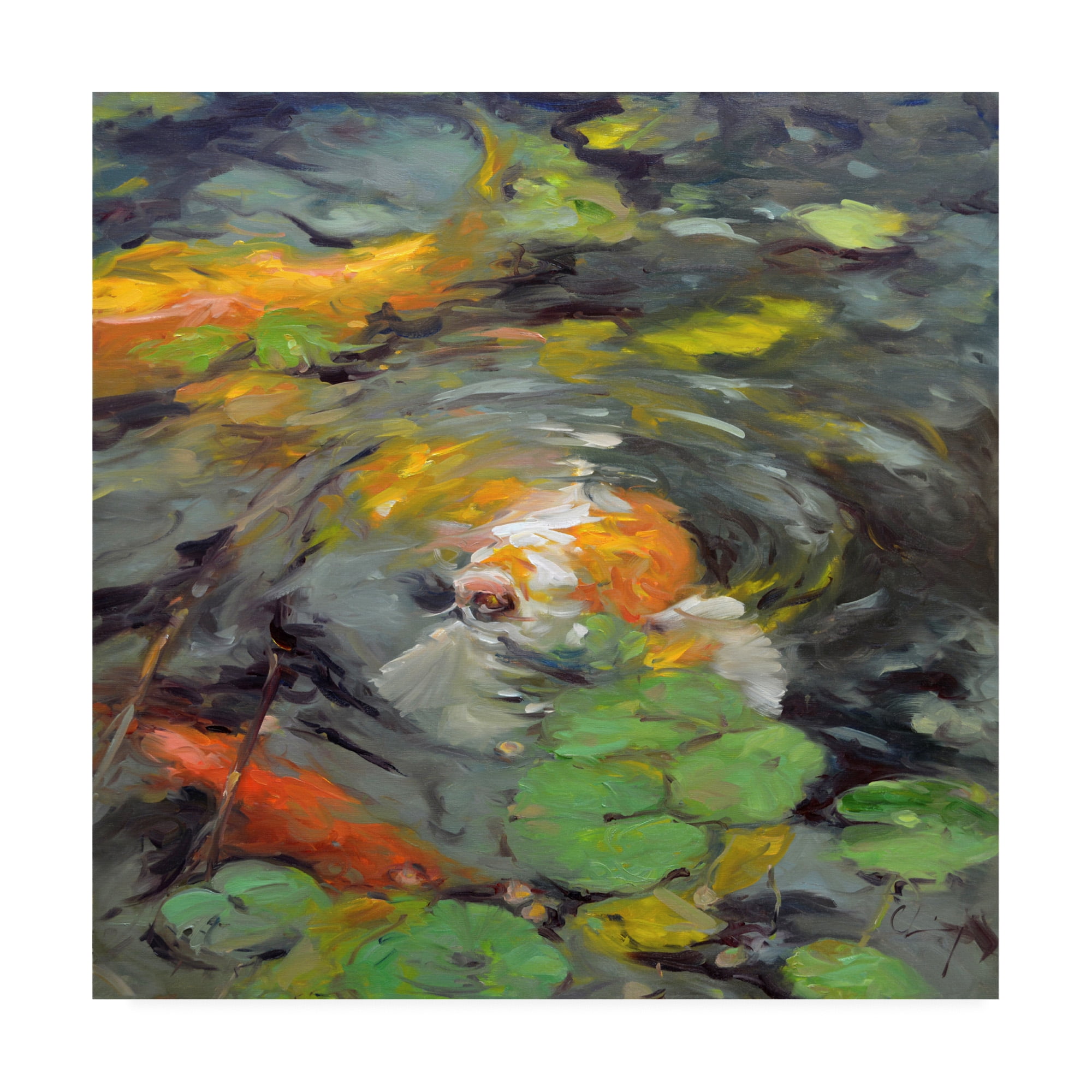 Golden Koi Swimming Abstract Canvas Art in Green and Orange