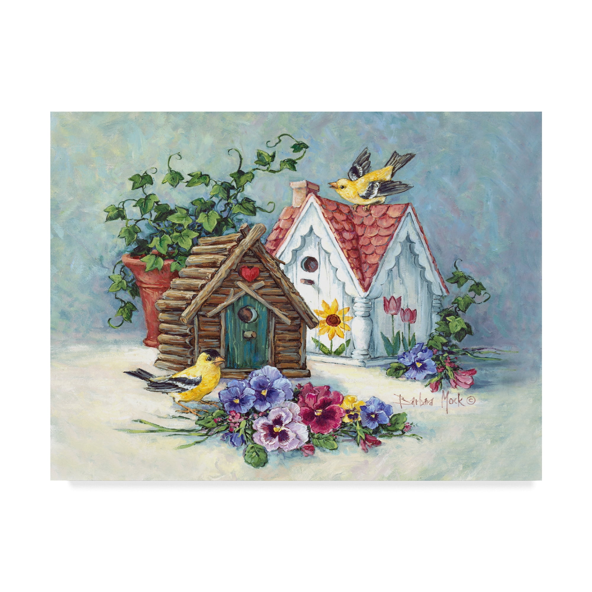 Trademark Fine Art 'Goldfinch Birdhouses' Canvas Art by Barbara Mock