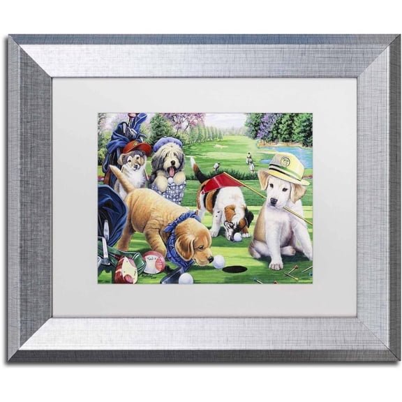 Trademark Fine Art 'Golfing Puppies' Canvas Art by Jenny Newland, White Matte, Silver Frame