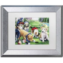 Trademark Fine Art 'Golfing Puppies' Canvas Art by Jenny Newland, White Matte, Silver Frame