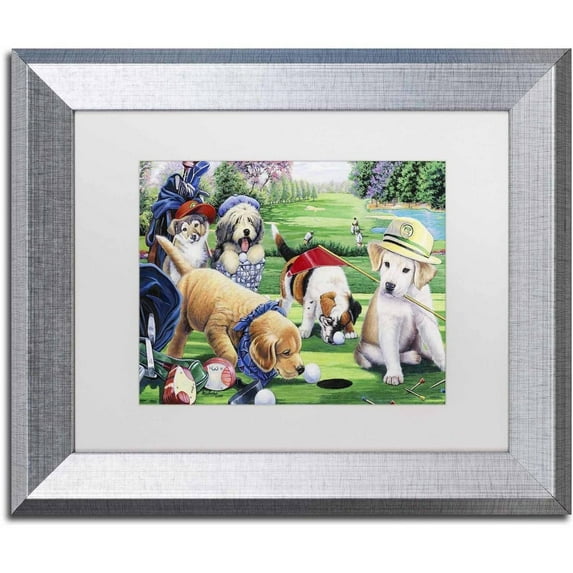 Trademark Fine Art 'Golfing Puppies' Canvas Art by Jenny Newland, White Matte, Silver Frame