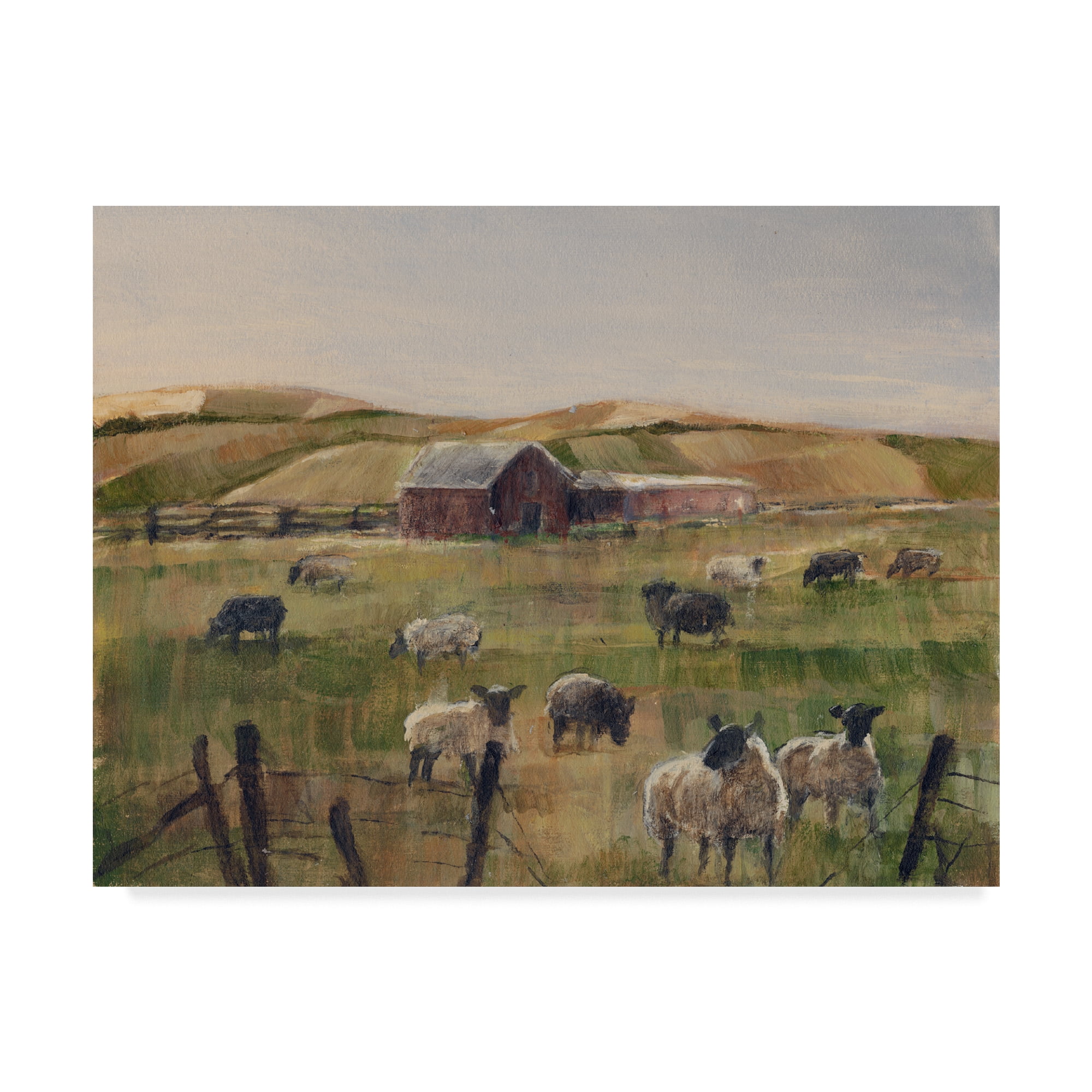 Rustic Landscape Canvas Art with Red Barn and Grazing Sheep