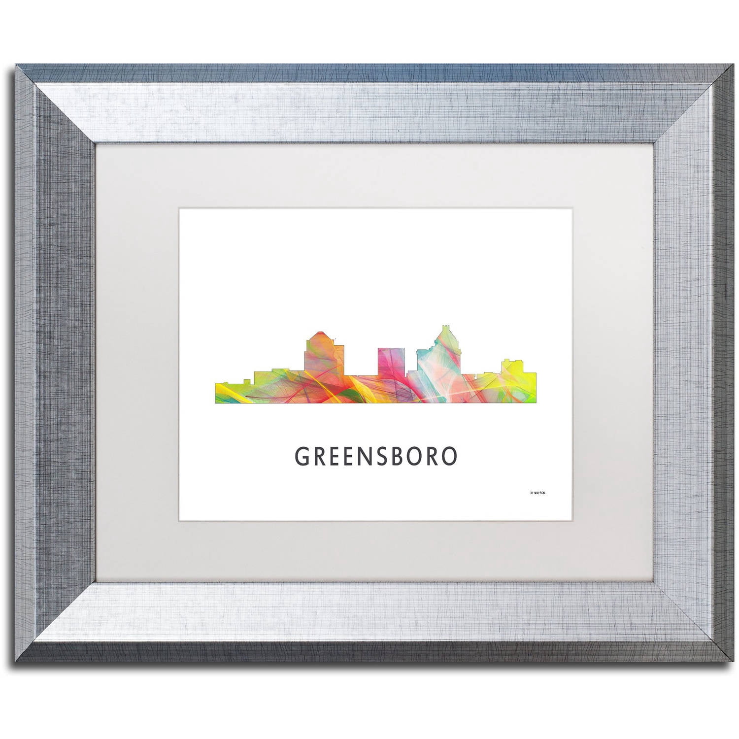 Trademark Fine Art 'Greensboro NC Skyline WB-1' Canvas Art by Marlene Watson, White Matte, Silver Frame