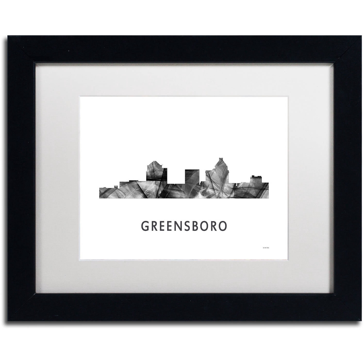 Trademark Fine Art 'Greensboro NC Skyline WB-BW' Canvas Art by Marlene Watson, White Matte, Black Frame