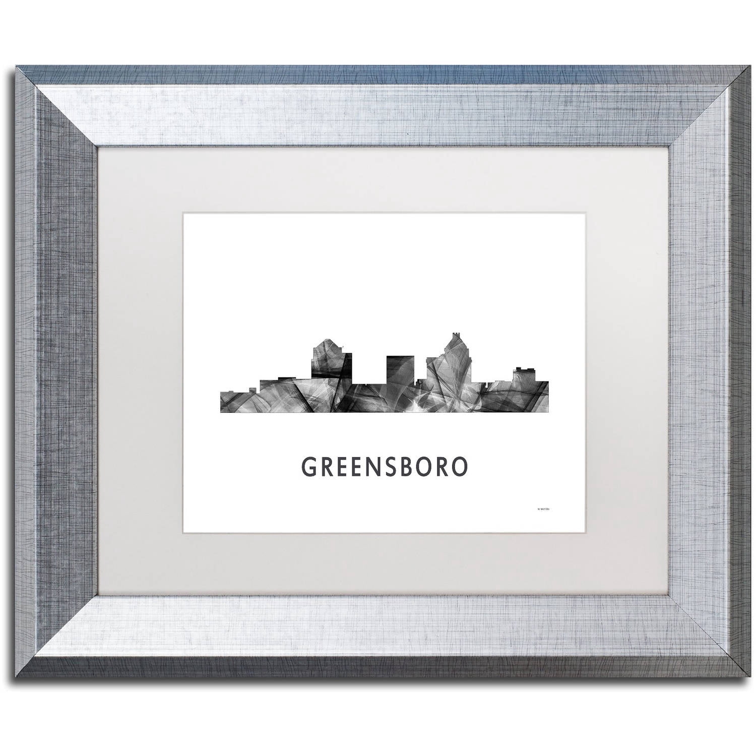 Trademark Fine Art 'Greensboro NC Skyline WB-BW' Canvas Art by Marlene Watson, White Matte, Silver Frame