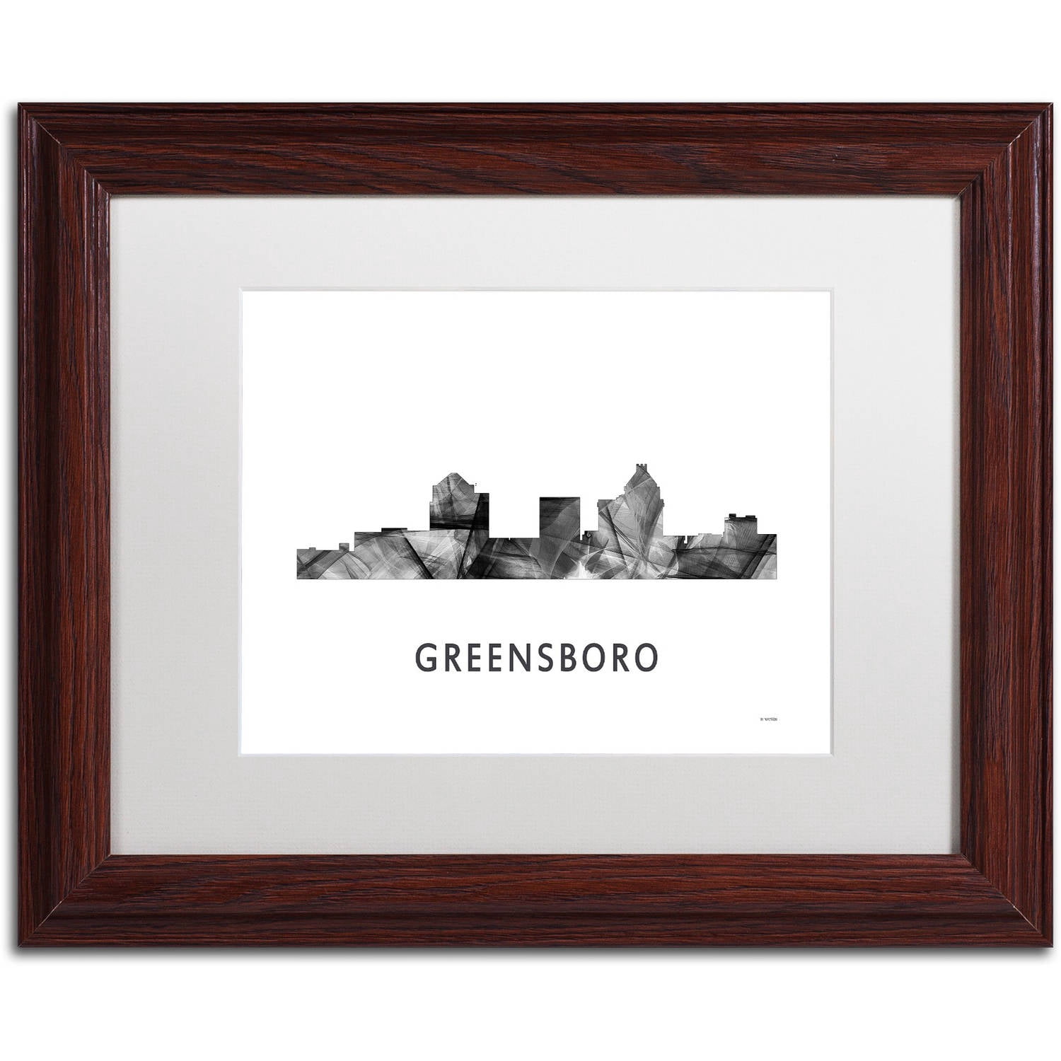 Trademark Fine Art 'Greensboro NC Skyline WB-BW' Canvas Art by Marlene Watson, White Matte, Wood Frame