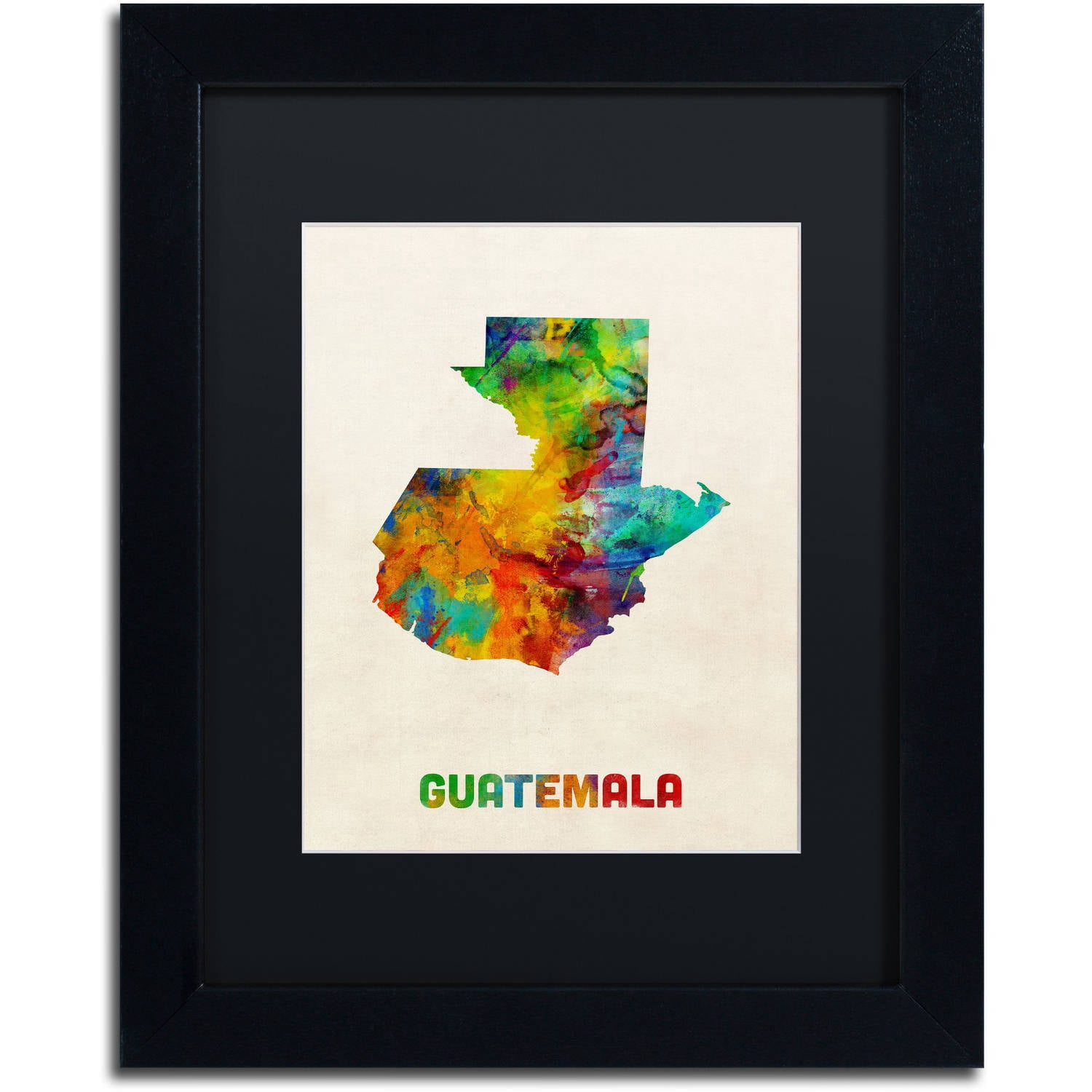 Trademark Fine Art "Guatemala Watercolor Map" Canvas Art by Michael Tompsett Black Matte, Black Frame
