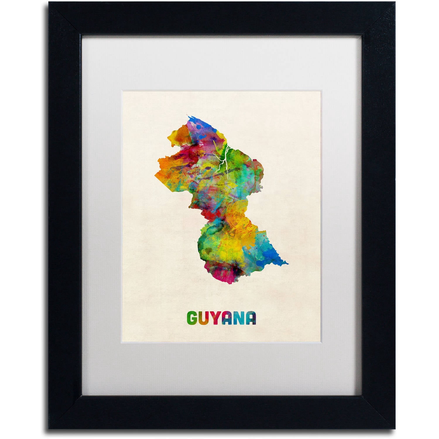 Trademark Fine Art "Guyana Watercolor Map" Canvas Art by Michael Tompsett White Matte, Black Frame