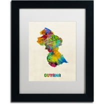 Trademark Fine Art "Guyana Watercolor Map" Canvas Art by Michael Tompsett White Matte, Black Frame